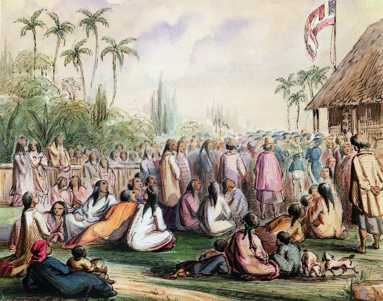 Franska protektoratets paviljong på Tahiti 1842, ca 1842-48 (wc och bläck på papper) av Maximilien Radiguet