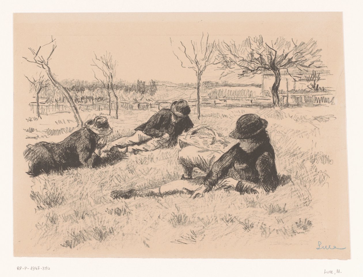 Tre män vilar på en äng av Maximilien Luce (signed by artist)