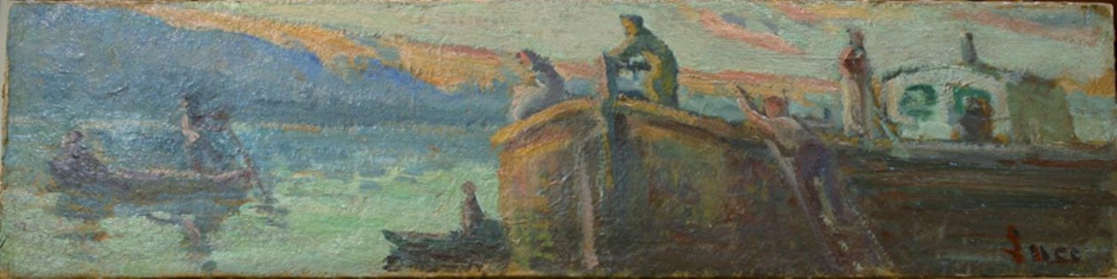 Flodlandskap med pråm och båtar av Maximilien Luce