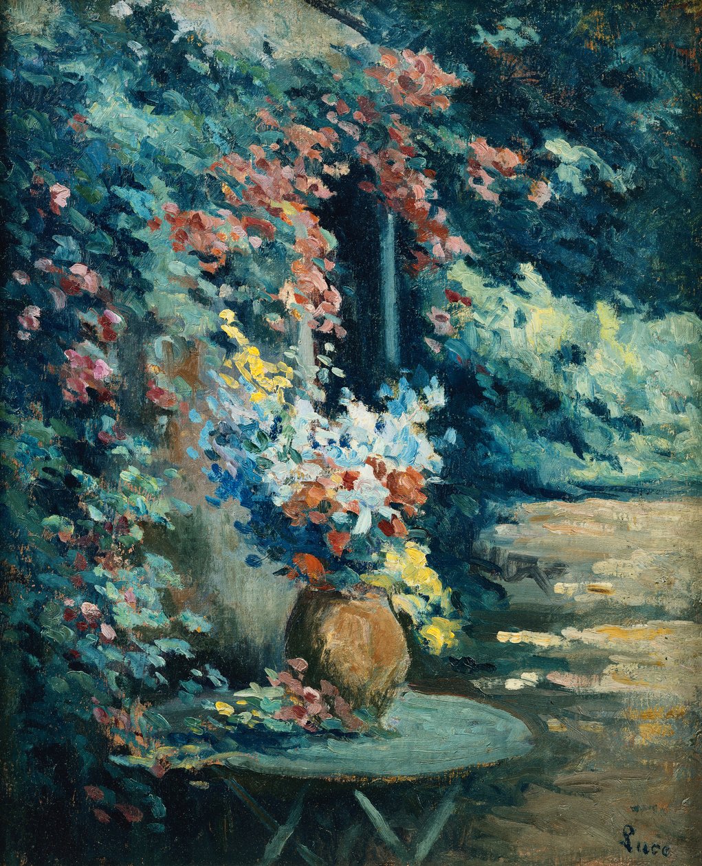 Blommor i ett landskap; Bukett av blommor i ett landskap, av Maximilien Luce