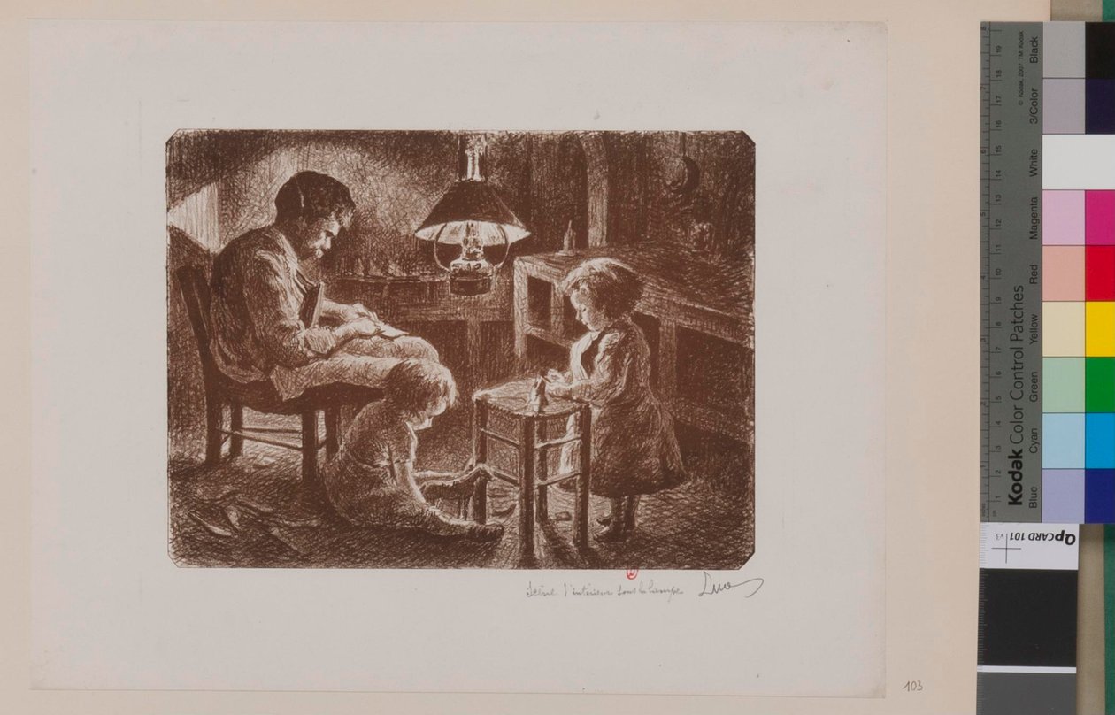 Interiörscen under lampan av Maximilien Luce