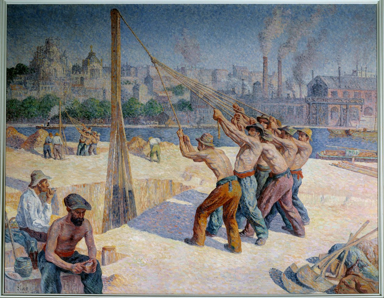 Stavetrummisar på Quai de la Seine vid Billancourt Målning av Maximilien Luce (1858-1941) 1903 Mått 1,53 x 1,95 m. Paris, Musée d