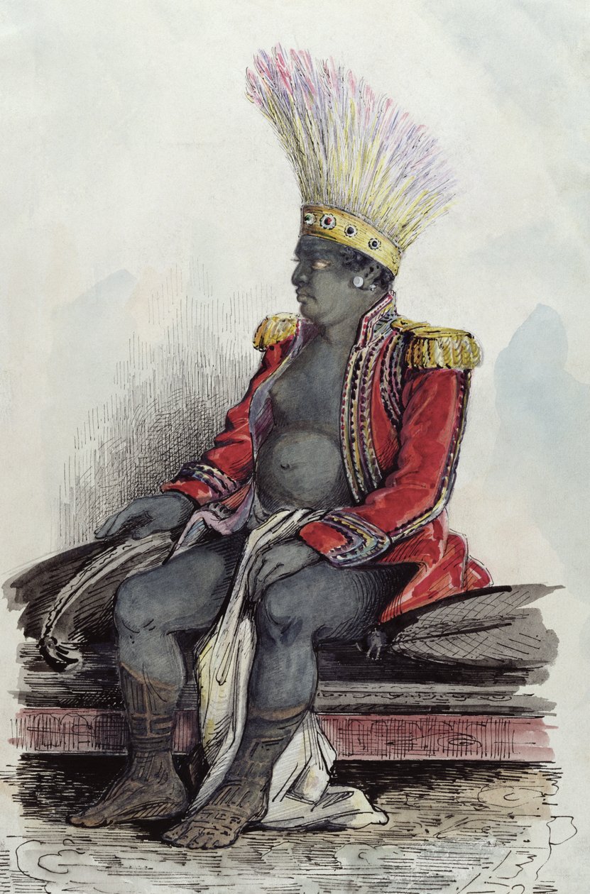 Kung Te Moana på ön Nuku-Hiva klädd i uniform av en fransk överste, ca 1841-48 (penna, bläck och wc på papper) av Maximilien Radiguet