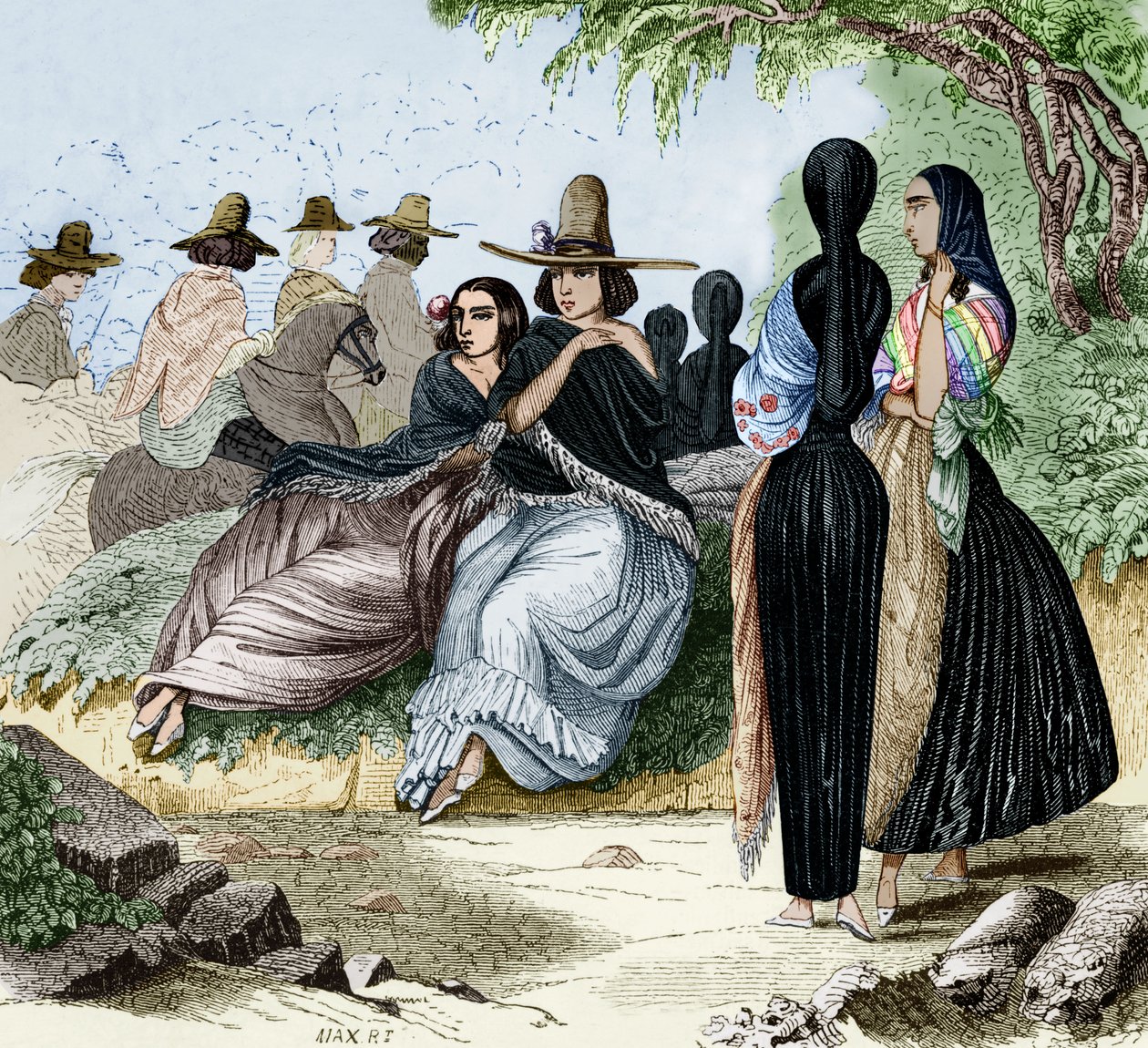 Kvinnor från Lima i Peru, gravyr från radiguets resa i Lima på 1840-talet, färgat dokument av Maximilien Radiguet
