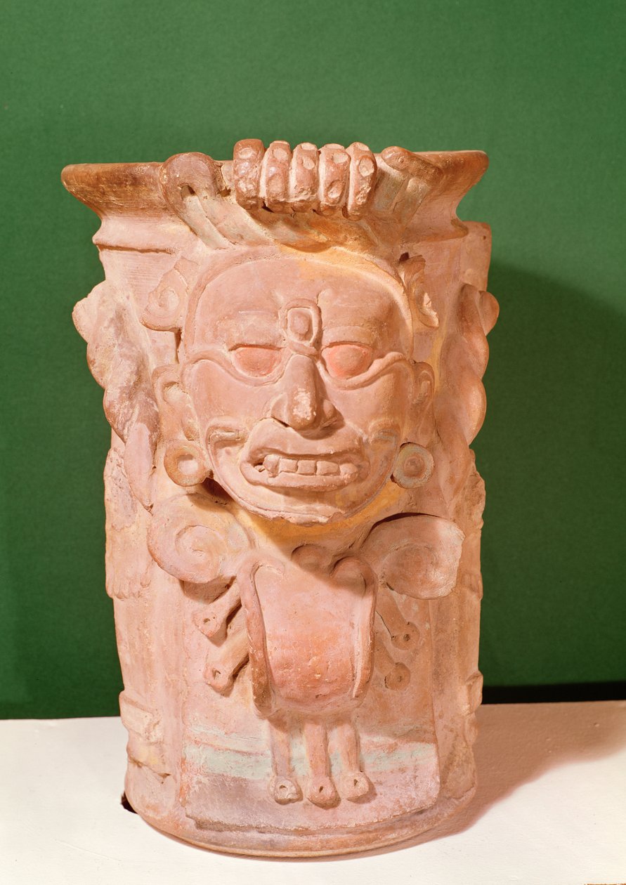 Cylindrisk vas med huvudet av en solgud, klassisk period, 700-1000-tal (terrakotta) av Mayan