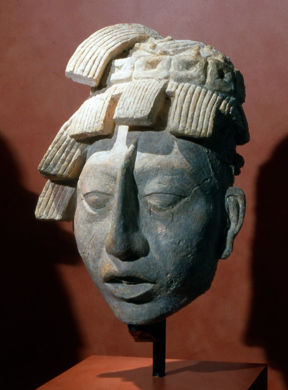 Porträtthuvud av Pacal, kung av Palenque från inskrifternas tempel (stuckatur) av Mayan