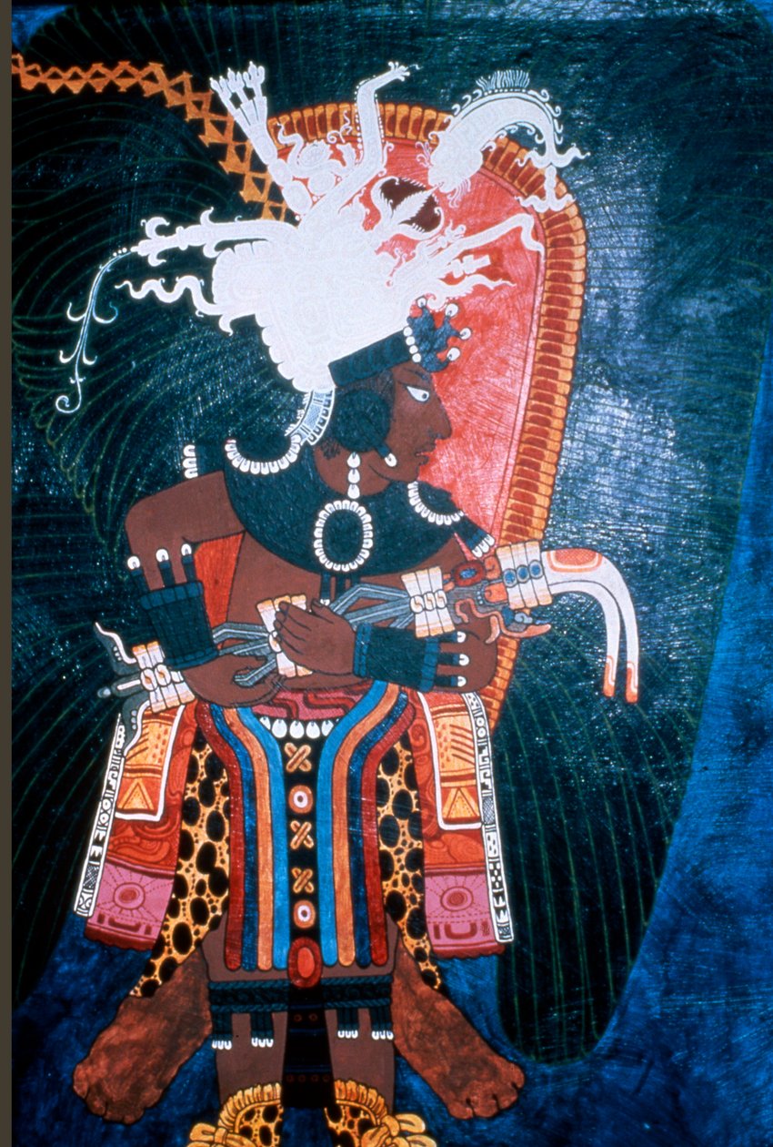 Reproduktion av en väggmålning som visar en linjal klädd för en ceremoni, från Muraltemplet, Bonampak (väggmålning) av Mayan