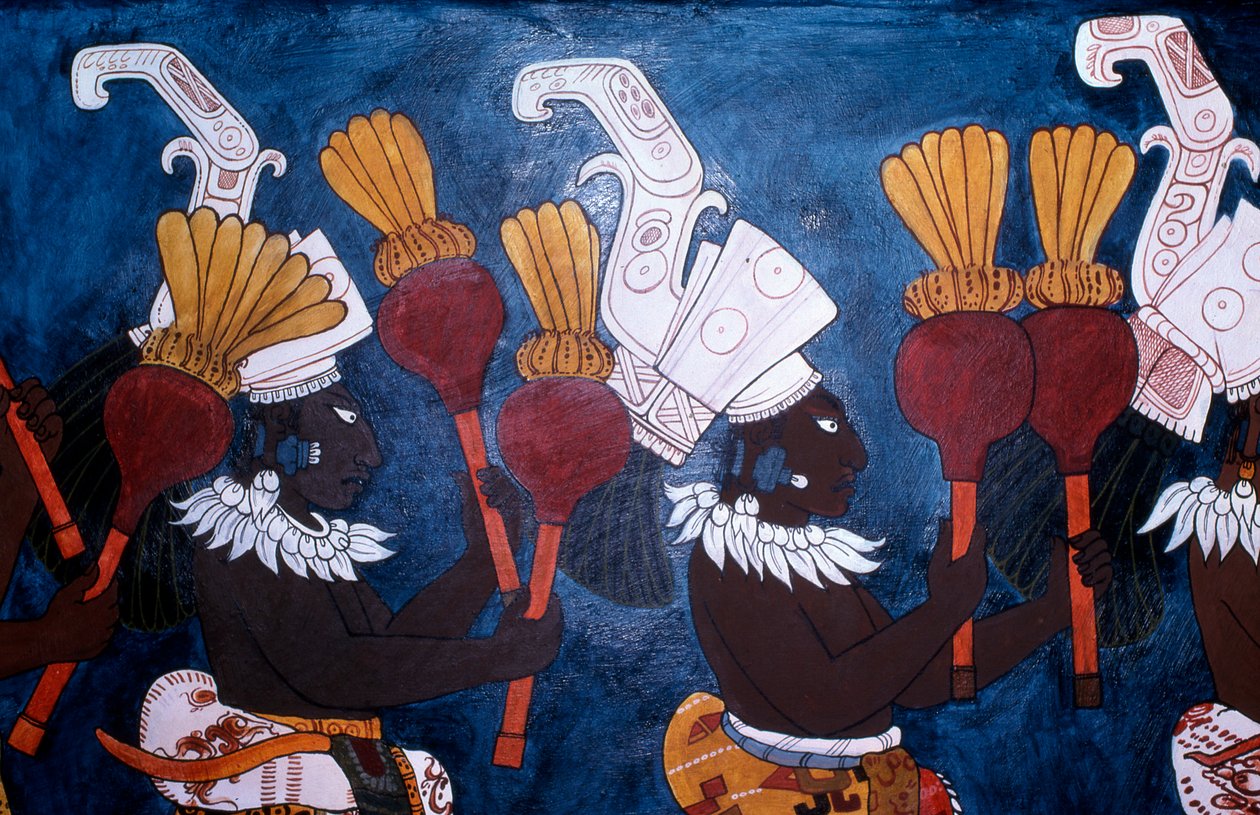 Reproduktion av en väggmålning som visar musiker med skallror under en ceremoni, från Temple of Murals, Bonampak (väggmålning). av Mayan