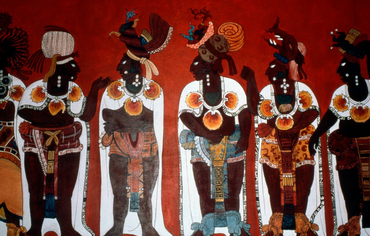 Reproduktion av en väggmålning som visar ädla män klädda för en ceremoni, från väggmålningarnas tempel, Bonampak (väggmålning) av Mayan