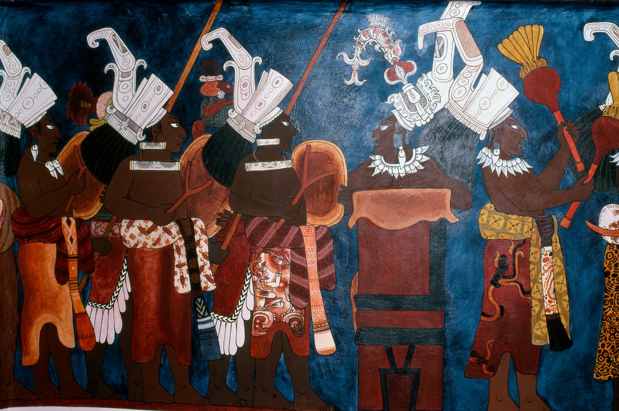 Reproduktion av en väggmålning som visar tjänare och musiker under en ceremoni, från väggmålningarnas tempel, Bonampak (väggmålning) av Mayan
