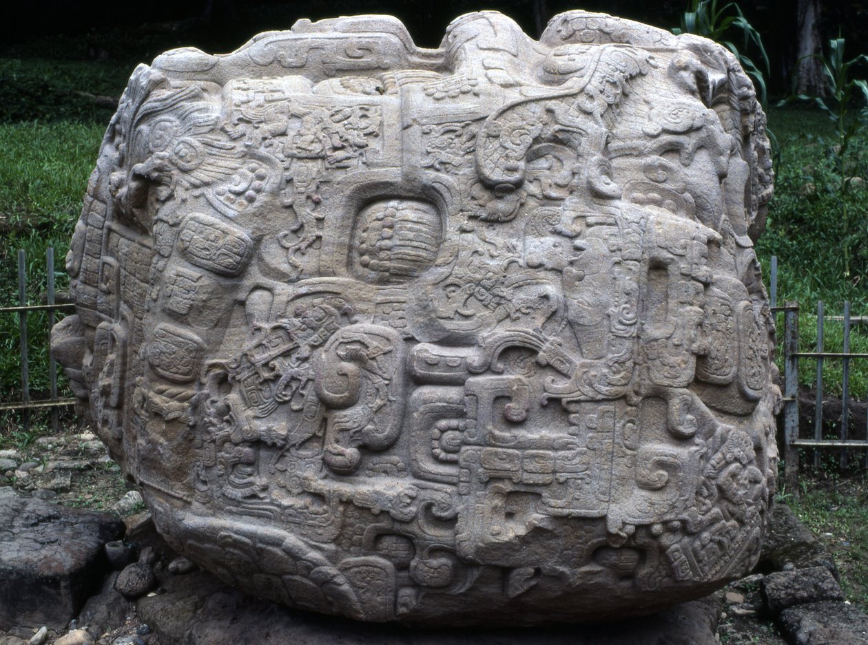 Sidovy av zoomorfisk sten P, senklassisk tid (600-900 e.Kr.) av Mayan