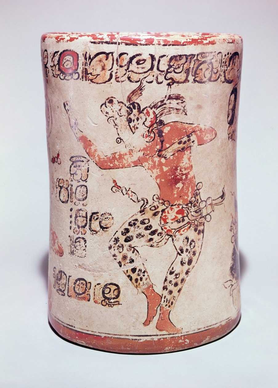 Burk föreställande en man som dansar iklädd jaguartillbehör, hittad i en grav vid Altar de Sacrificios, Classic Maya (keramik) (se även 351823) av Mayan