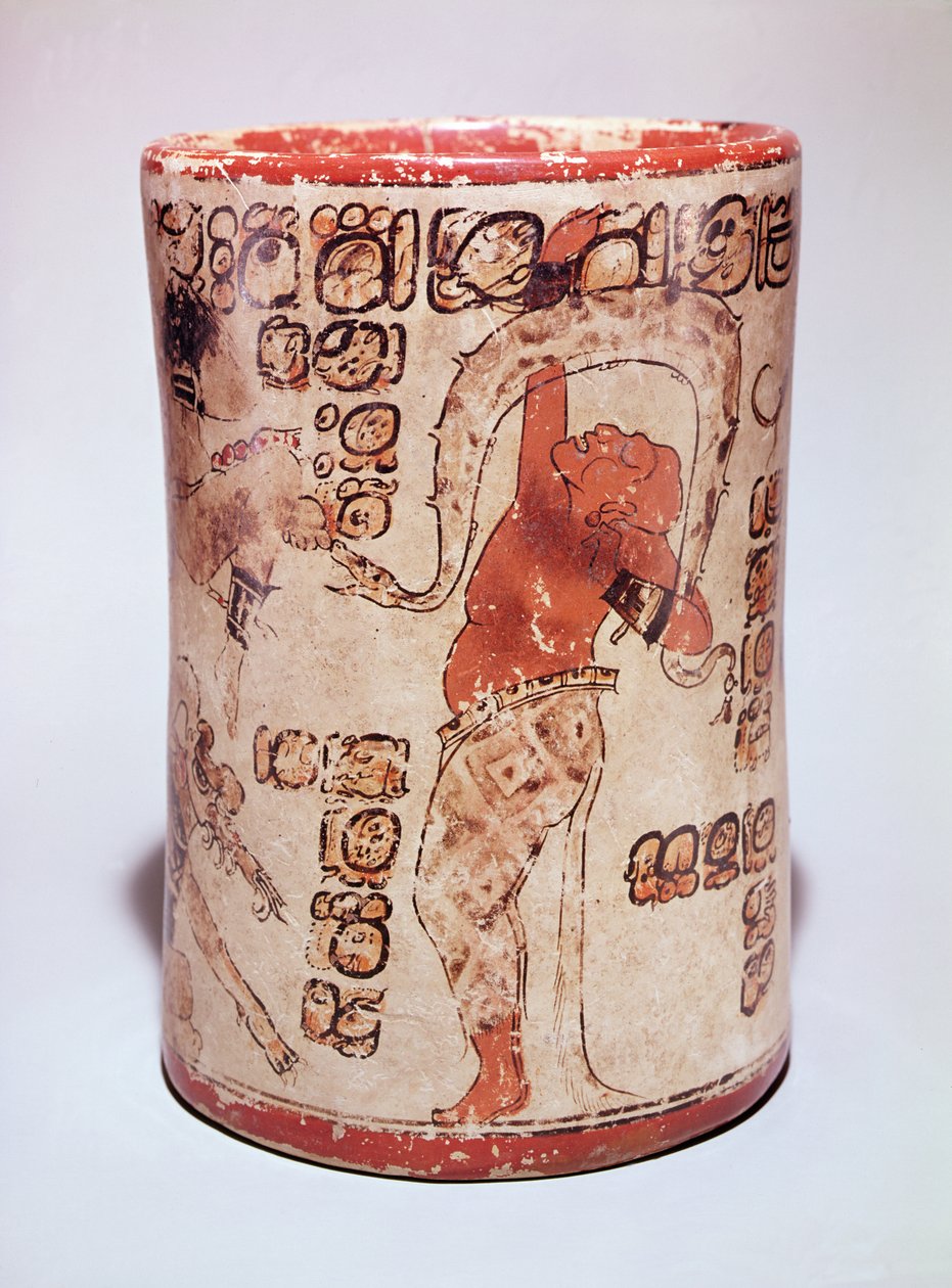 Burk föreställande en man som dansar med en orm, hittad i en grav vid Altar de Sacrificios, Classic Maya (keramik) (se även 351822) av Mayan