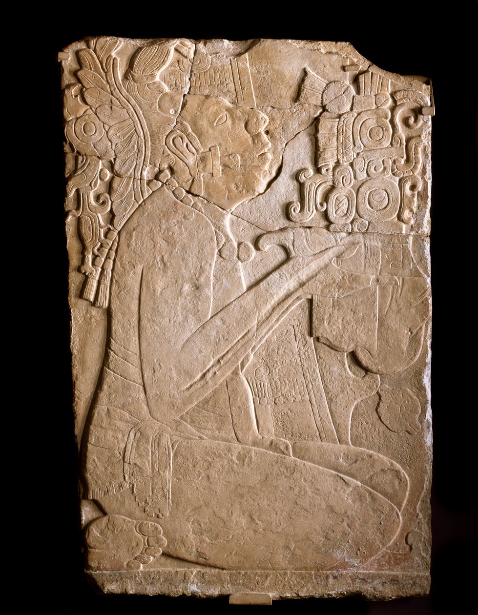 Sittande hane från en reliefpanel, 702-64 (kalksten med spår av färg) av Mayan