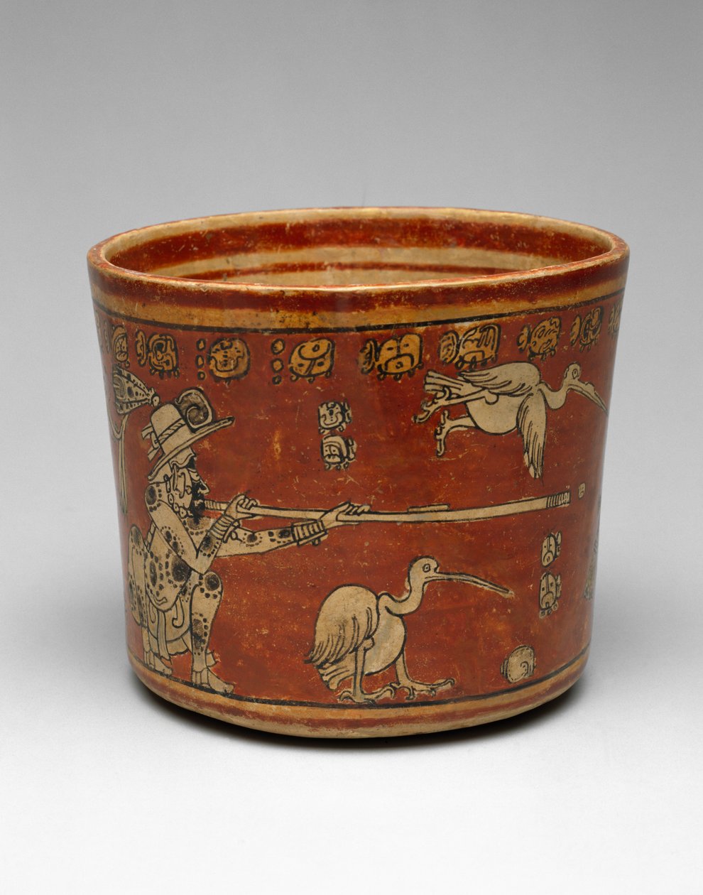 Vas med två Bwo-skyttar och vattenfåglar, Late Classic, 550-800 (lergods med polykrom slip-on-målning) av Mayan Mayan
