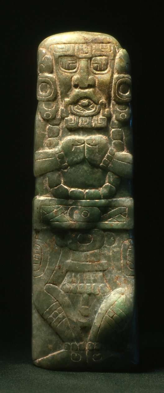 Statyett placerad i invigning nedför den hieroglyfiska trappan, Copan, sen klassisk period (600-900) (jade) av Mayan