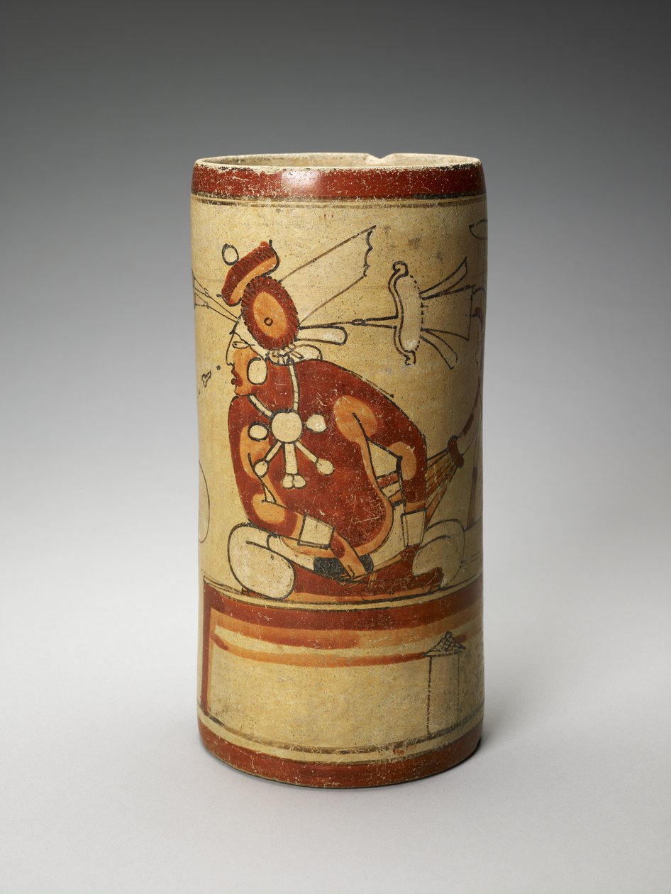 Vas med presentationsscen, 600-900 AD (lergods med slip) av Mayan