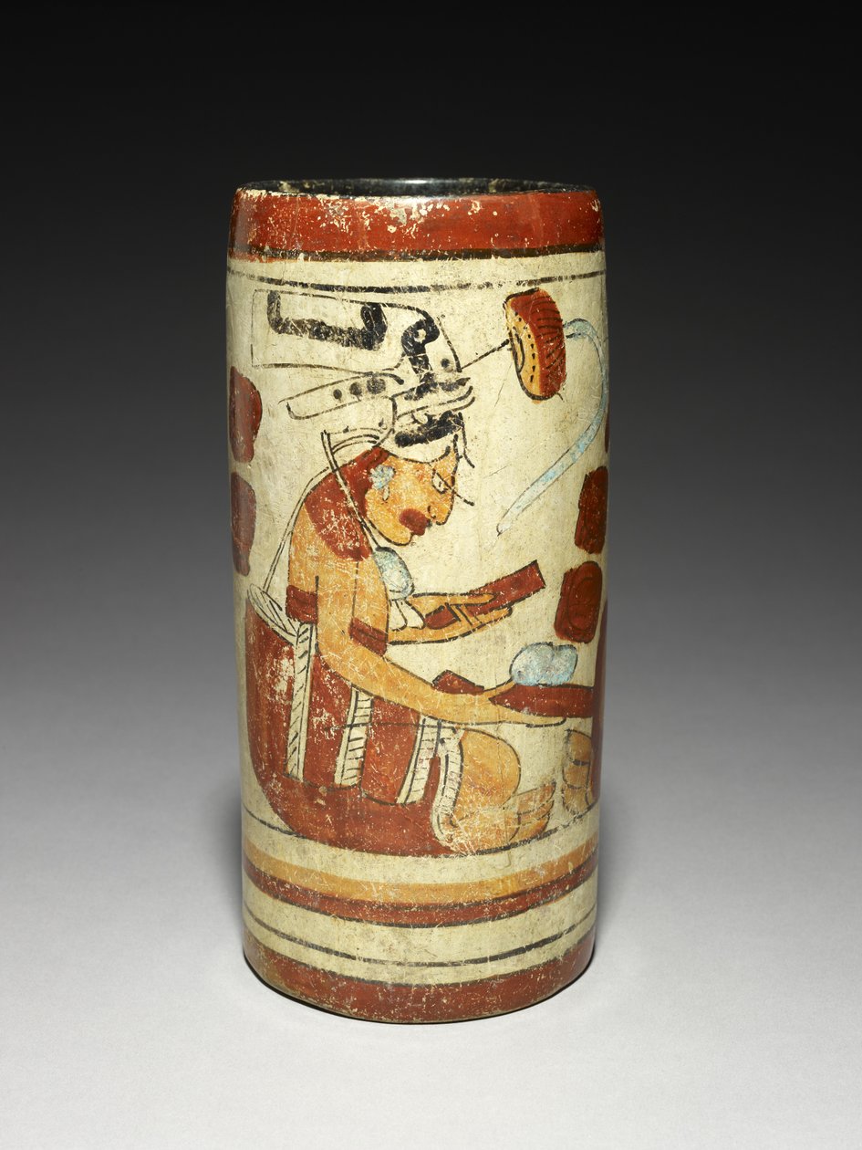 Vas med presentationsscen, 600-900 AD (lergods med slip) av Mayan