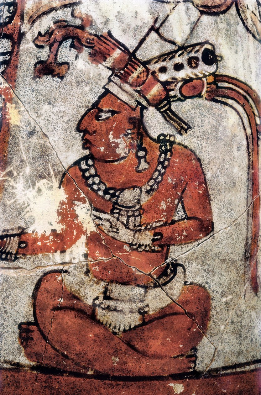 Maya krigare. Polykrom keramik, Mayakonst, 7:a. Nationalmuseet för arkeologi och etnologi i Tikal (Guatemala). av Mayan Mayan