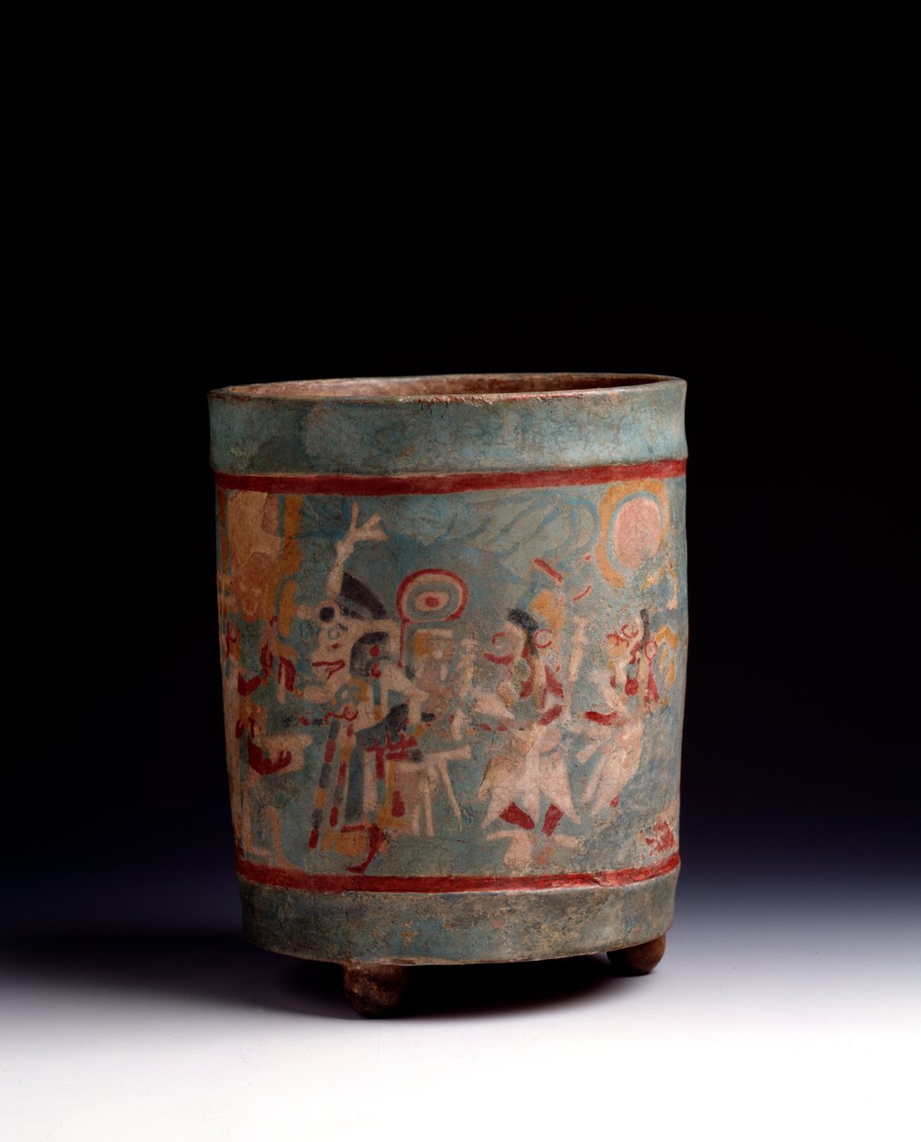 Precolombiansk konst, Mayacivilisation, klassisk period: cylindrisk vas i polykrom lera dekorerar en ceremoniell scen med karaktärer i procession. Från La Lagunita, Quiche, Guatemala. Sol. h. 24,1 x diam. 18,5 cm Guatemala, Museo Nazionale di Archeolo av Mayan Mayan