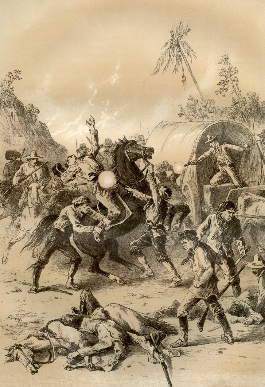Guld-eskort attackerad av bushrangers, Australien, 1879 av McFarlane and Erskine