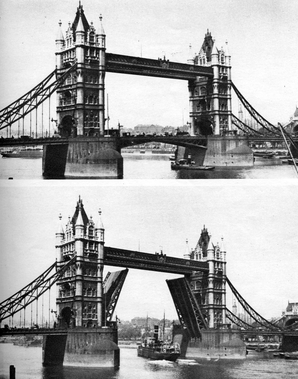 Tower Bridge öppen och stängd, London, 1926-1927 av McLeish