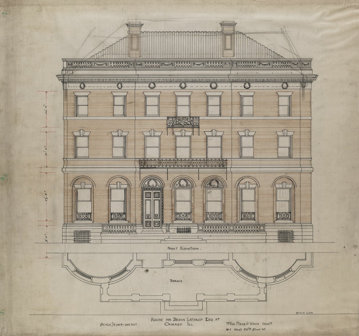 Bryan Lathrop House, Chicago, Illinois, fasad och terrassplan av Mead and White McKim