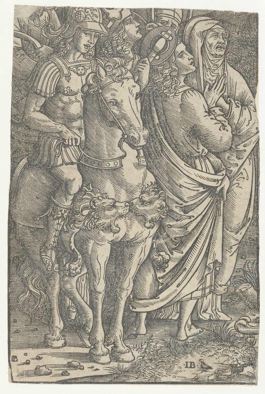 Fragment av en korsfästelse med Johannes evangelisten och Maria och soldater av Meester IB met de vogel