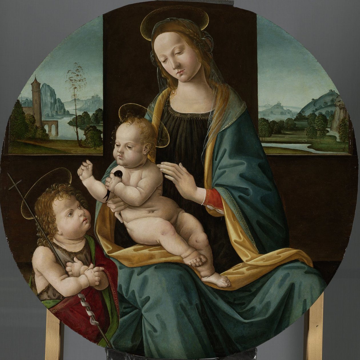 Jungfru och barn med spädbarnet Sankt Johannes Döparen Maria träffade snäll en Johannes de Doper av Meester van de Conversazione di Santo Spirito