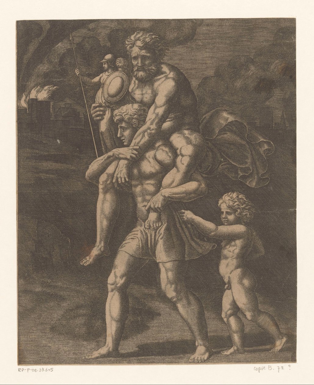 Aeneas och hans familj flyr från Troja av Meester van de Dobbelsteen