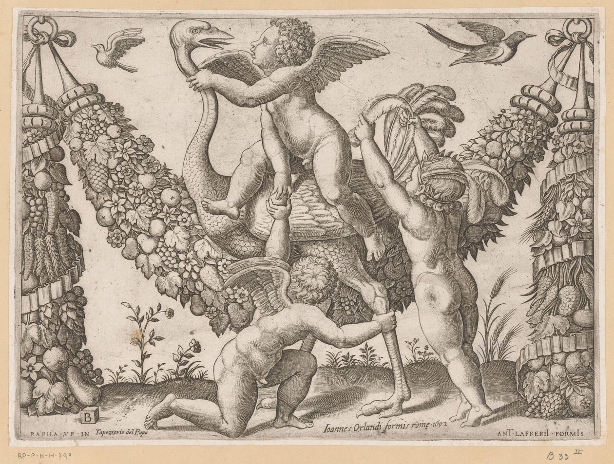Tre putti och en struts Tapisserier av påven (serietitel) Tapezzerie de Papa (serietitel på objekt) av Meester van de Dobbelsteen