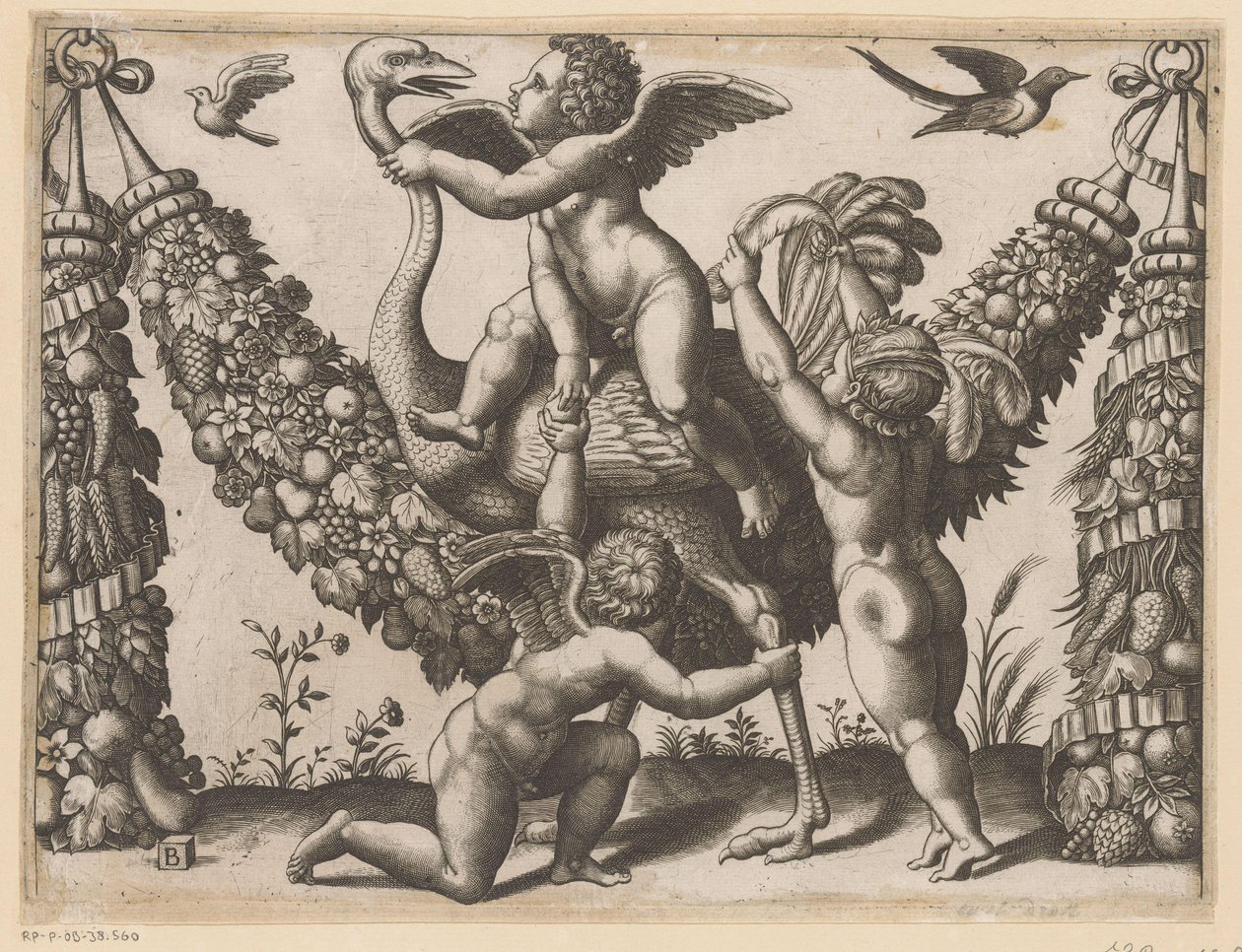 Tre putti och en struts Tapisserier av påven (serietitel) Tapezzerie de Papa (serietitel) av Meester van de Dobbelsteen