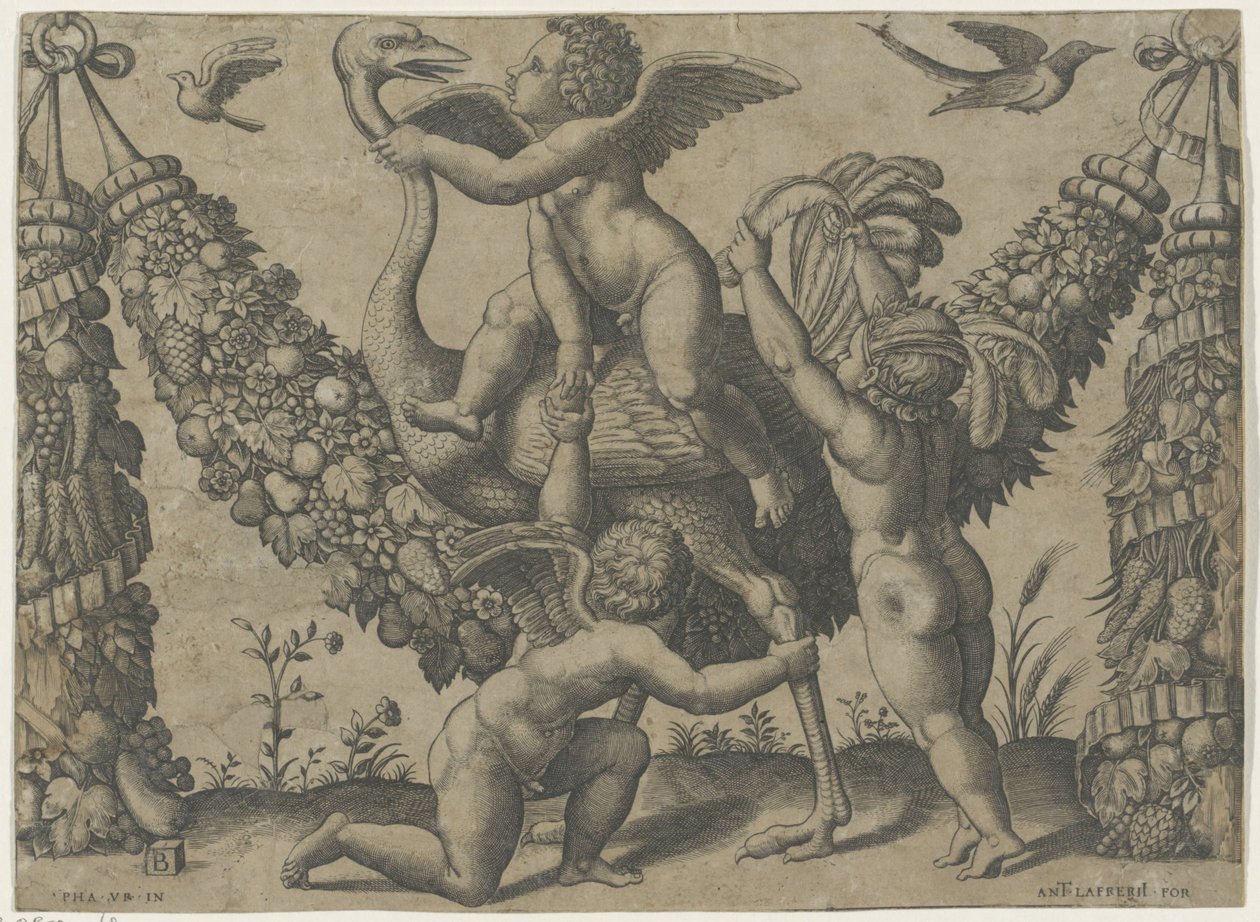 Tre putti med en struts Tapestries of the Pope av Raphael (serietitel) av Meester van de Dobbelsteen