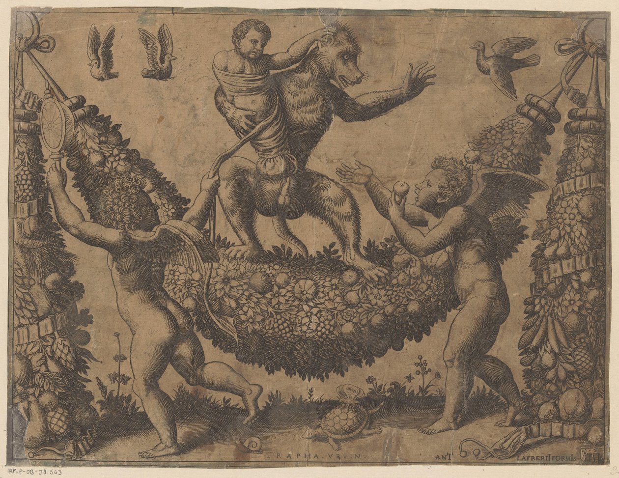 Putti hånar en apa Tapisserier av påven (serietitel) Tapezzerie de Papa (serietitel) av Meester van de Dobbelsteen
