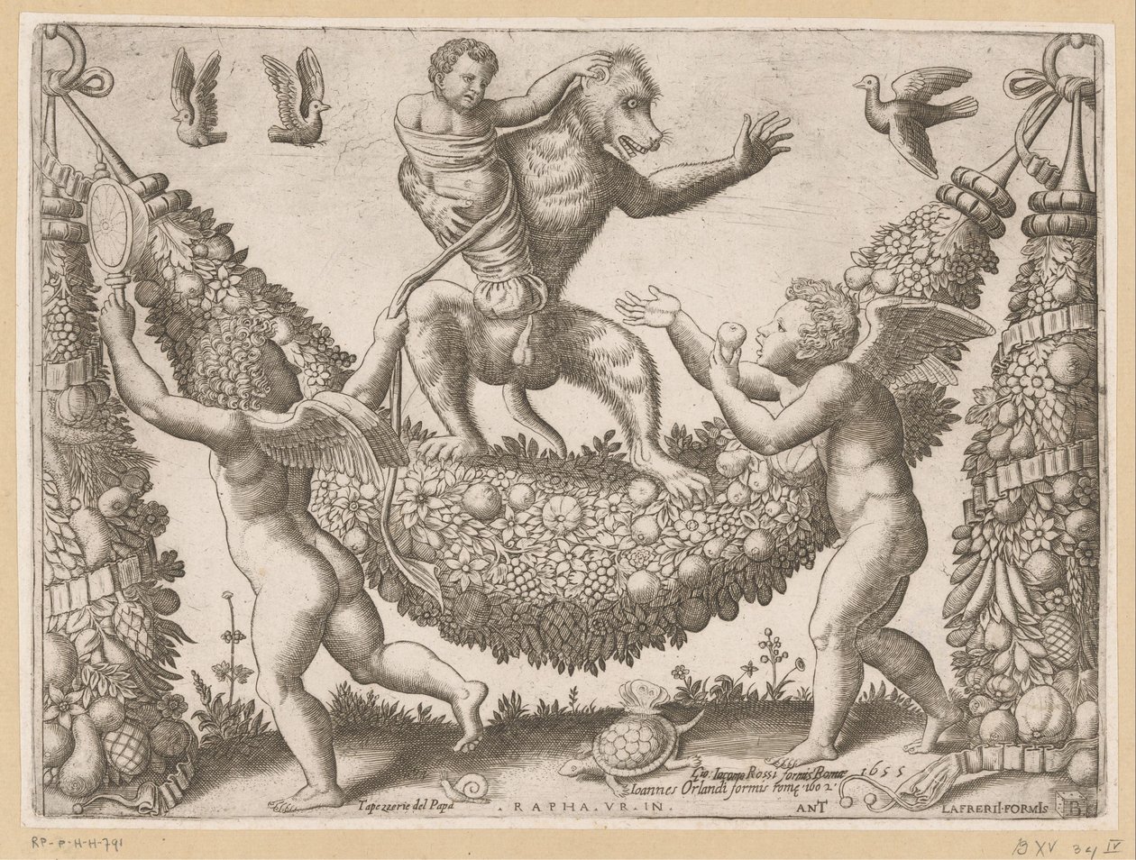 Putti hånar en apa Tapisserier av påven (serietitel) Tapezzerie de Papa (serietitel på objekt) av Meester van de Dobbelsteen