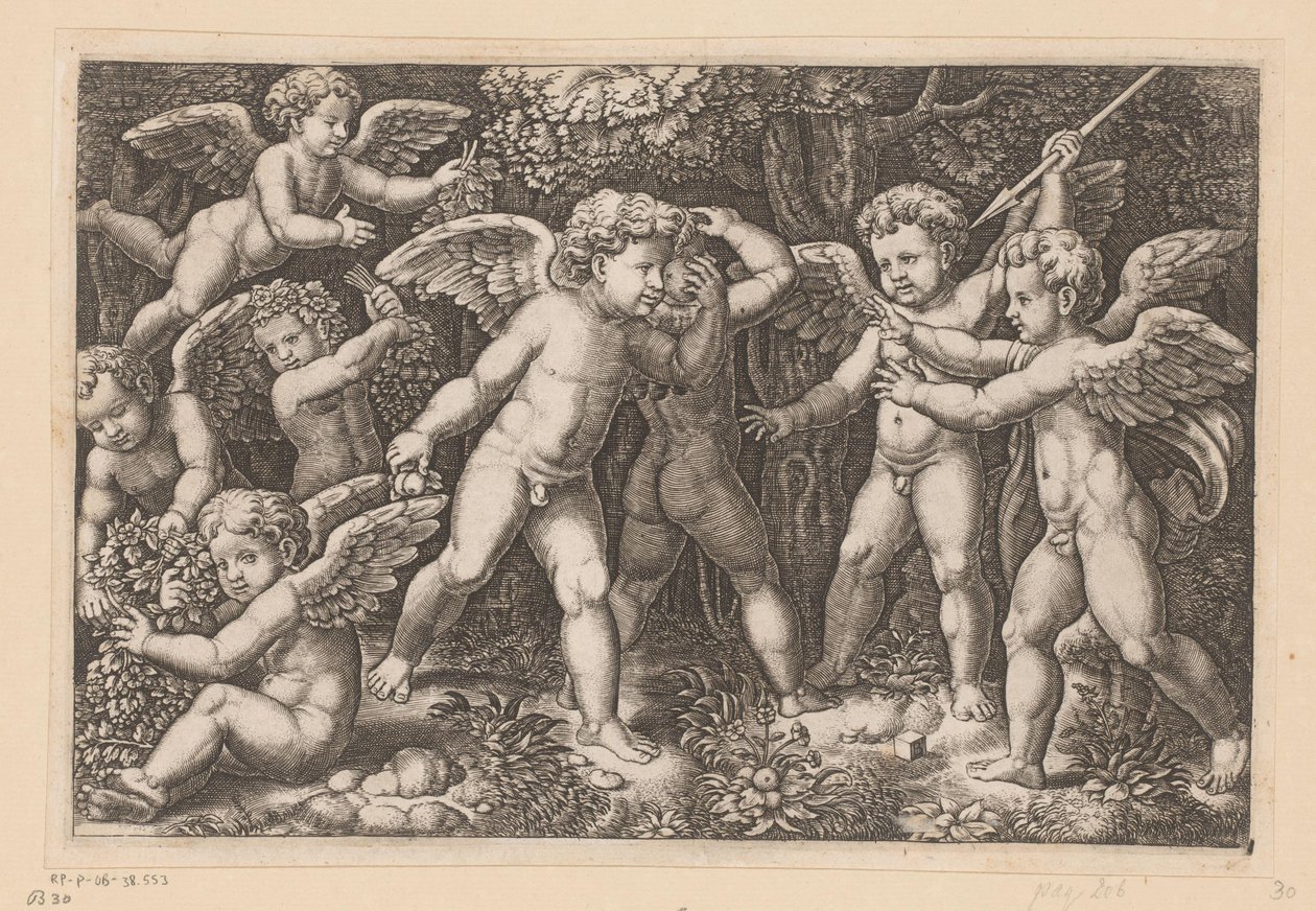Spelar putti Tapisserier av påven (serietitel) Tapezzerie de Papa (serietitel) av Meester van de Dobbelsteen