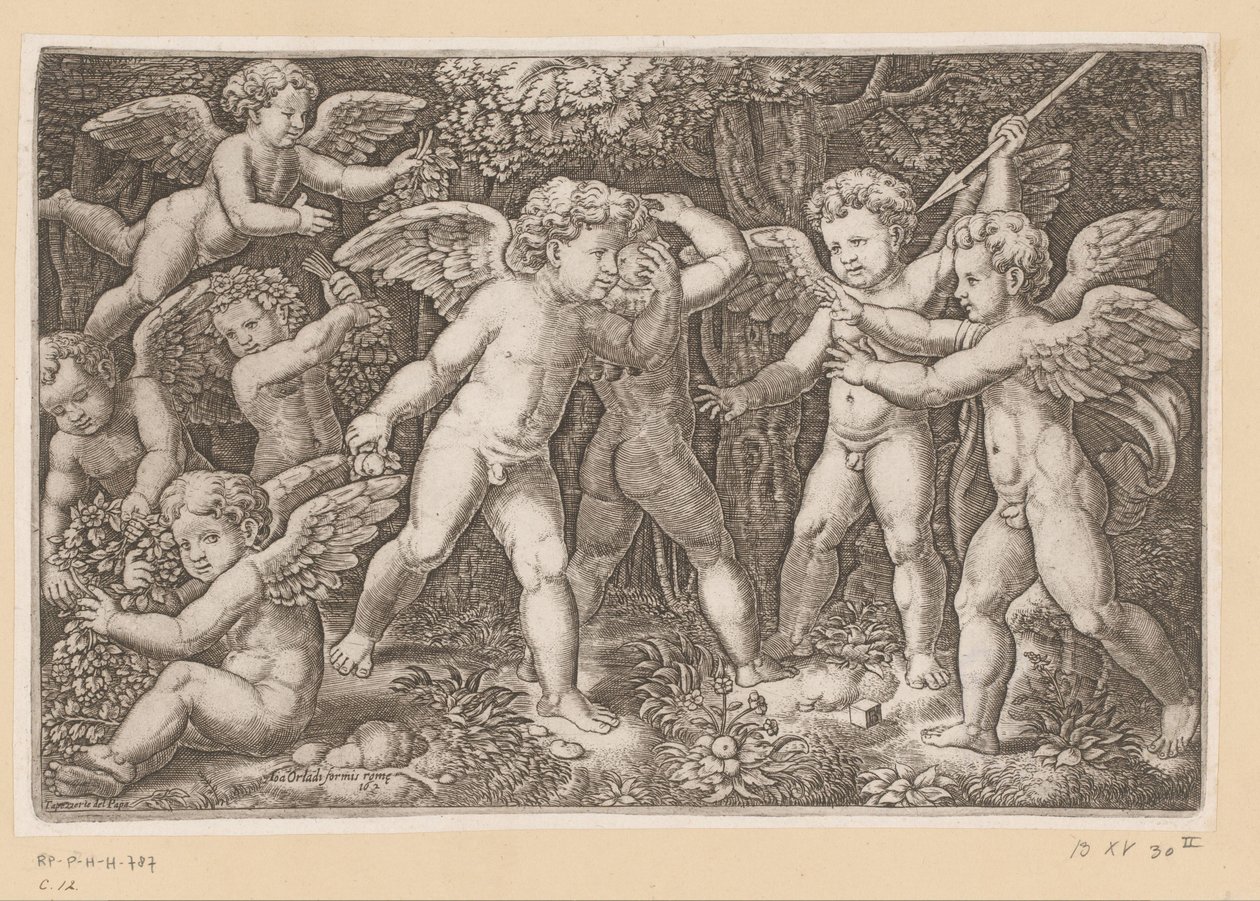 Spelar putti Tapisserier av påven (serietitel) Tapezzerie de Papa (serietitel) av Meester van de Dobbelsteen