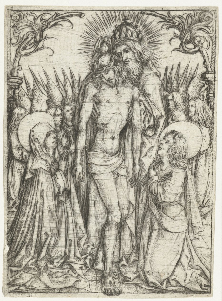 Tillbedjan av den heliga treenigheten av Maria, evangelisten Johannes och änglar av Meester van het Amsterdamse Kabinet