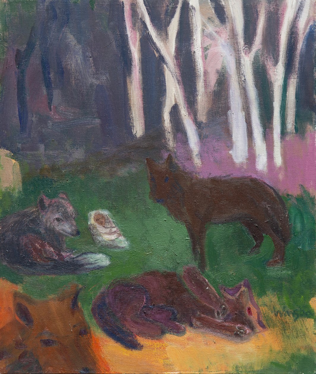 Ett nyfött barn omgivet av vargar, 2016 (olja på duk) av Megan Williamson