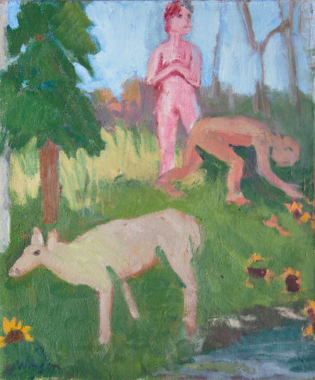 Two Figures with a Female Moose, 2016 (olja på duk) av Megan Williamson