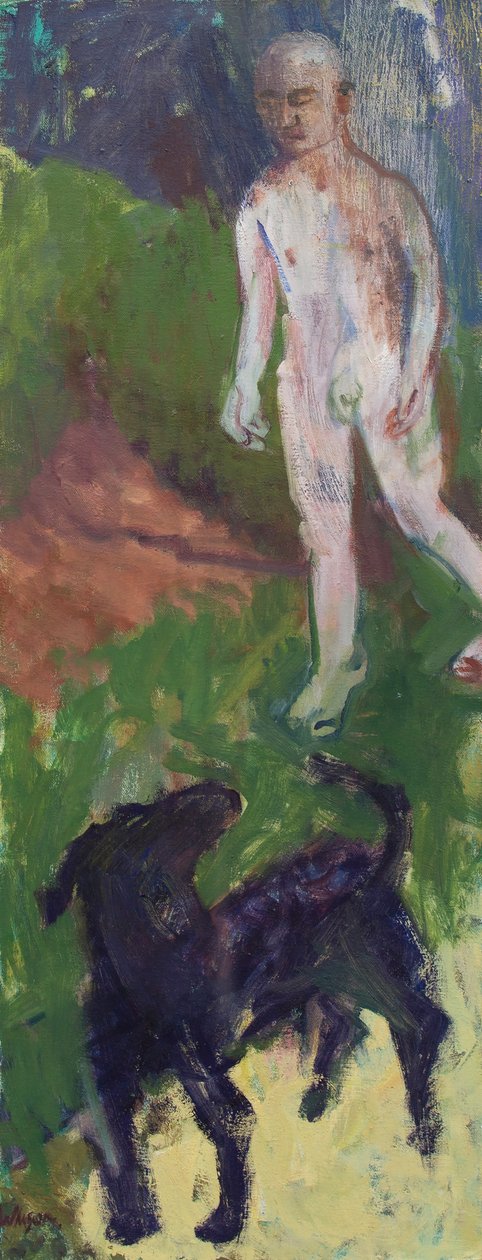 Vit man som rastade en svart hund, 2016 (olja på duk) av Megan Williamson