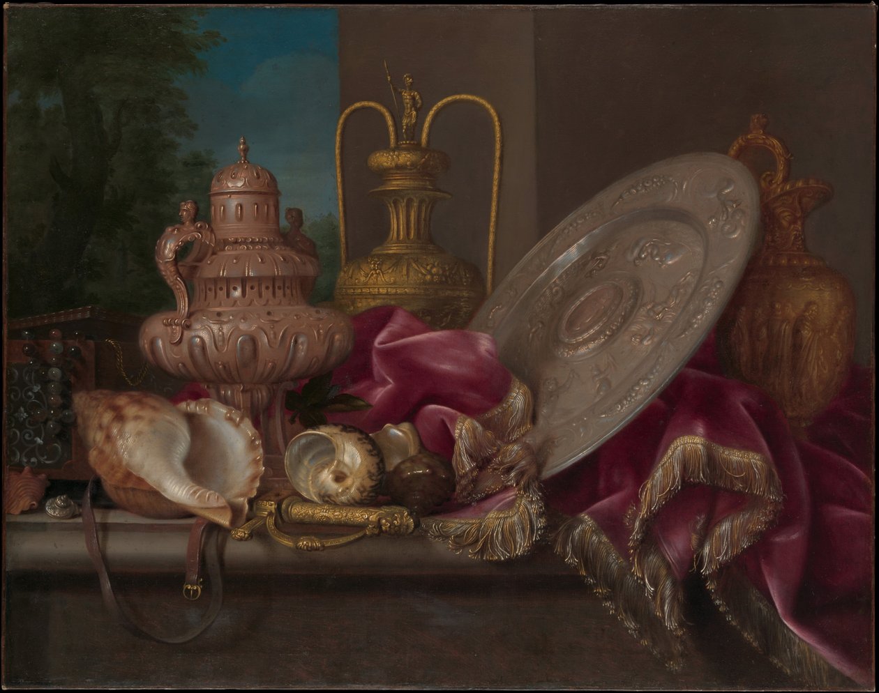 Still Life with Silver and Gold Plate, Shells, and a Sword av Meiffren Conte