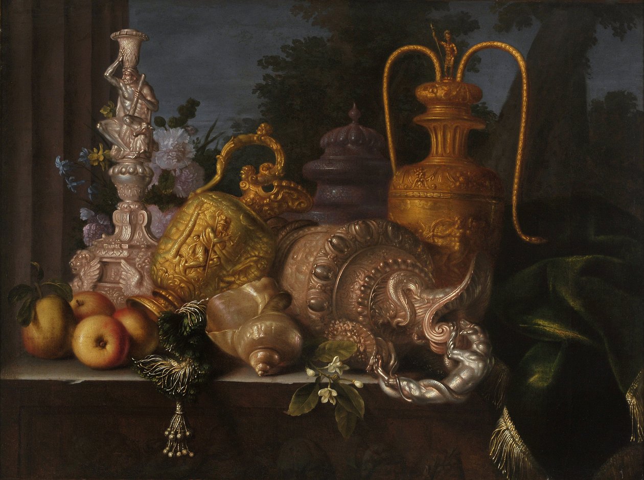 Stilleben, snäckor och guldsmed. Målning av Meiffren Conte (1630-1705). Olja på duk. Mått: 91x121cm. Obligatoriskt omnämnande: Collection fondation regards de Provence, Marseille av Meiffren (c.1630 1705) Conte