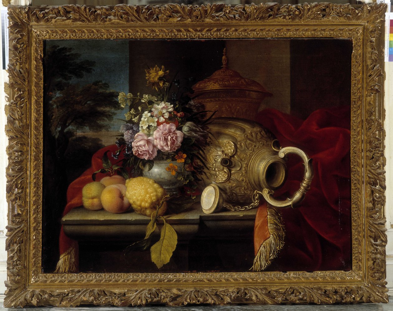 Stilleben med bukett, frukt, vas och rött tyg (olja på duk) av Meiffren (c.1630 1705) Conte