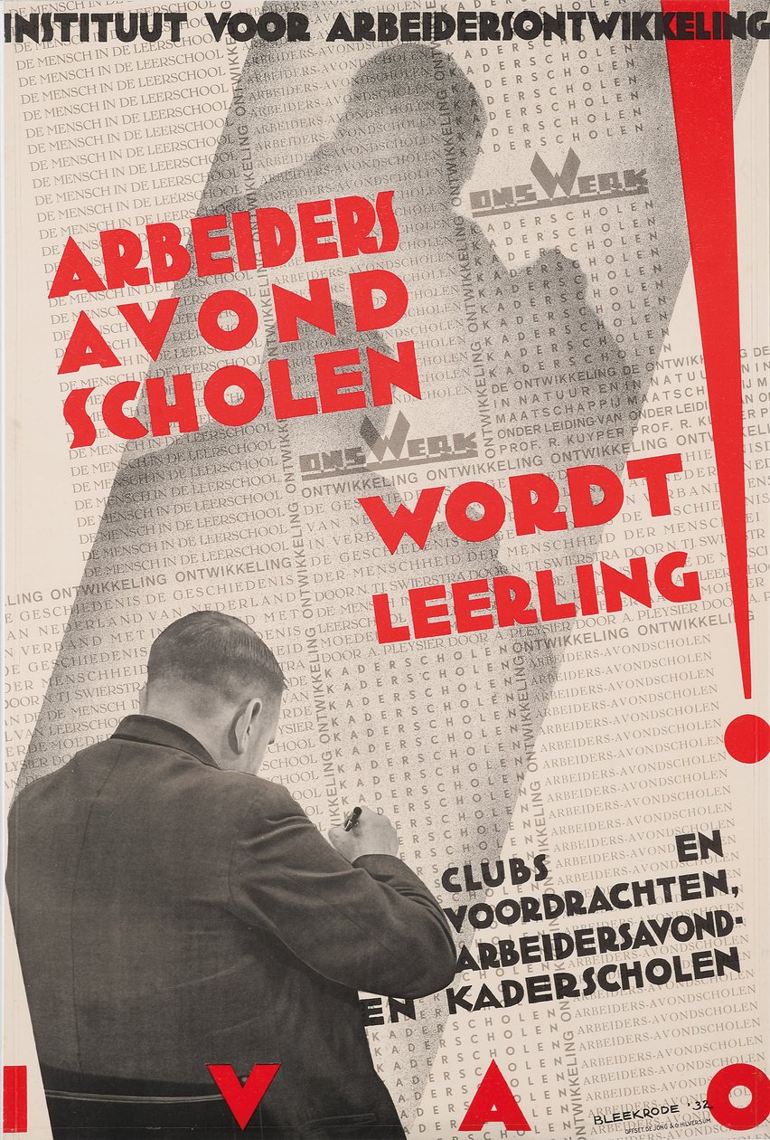 Affisch för Institute of Labor Development (IVAO) som annonserar en arbetarkvällsskola av Meijer Bleekrode