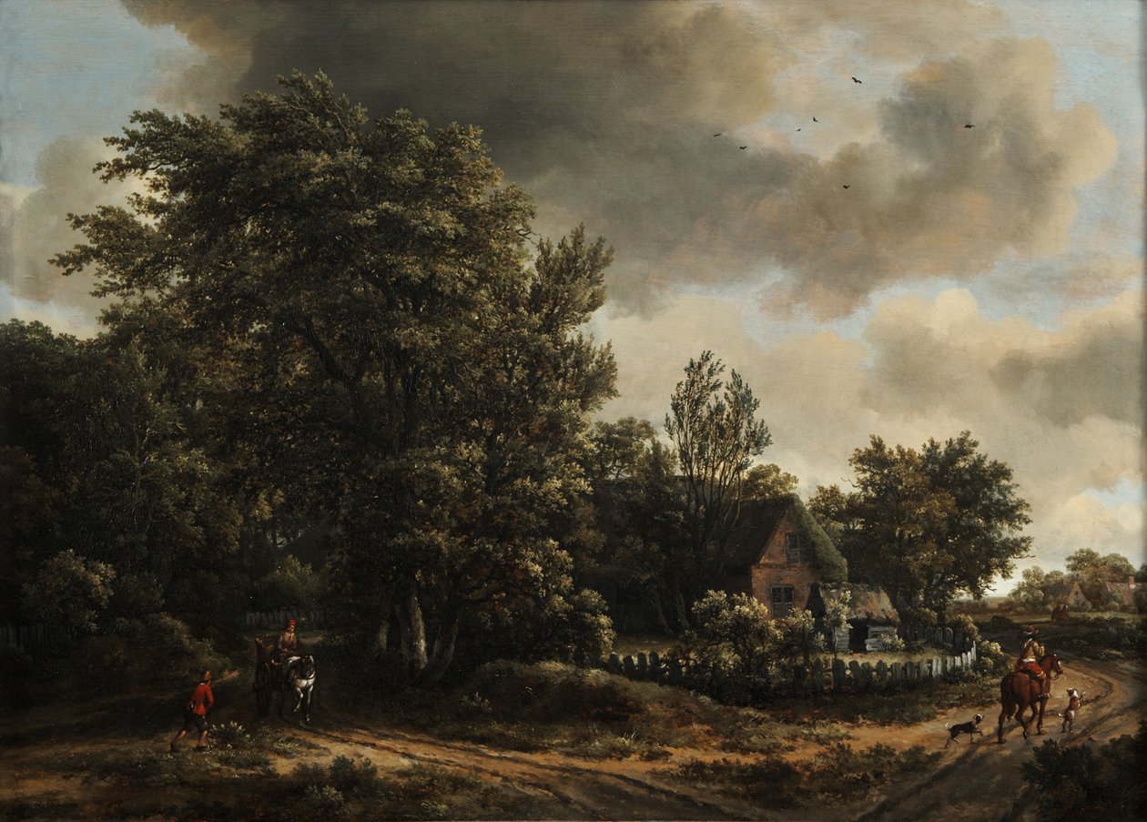 Skogslandskap med resande på en väg vid en stuga av Meindert Hobbema