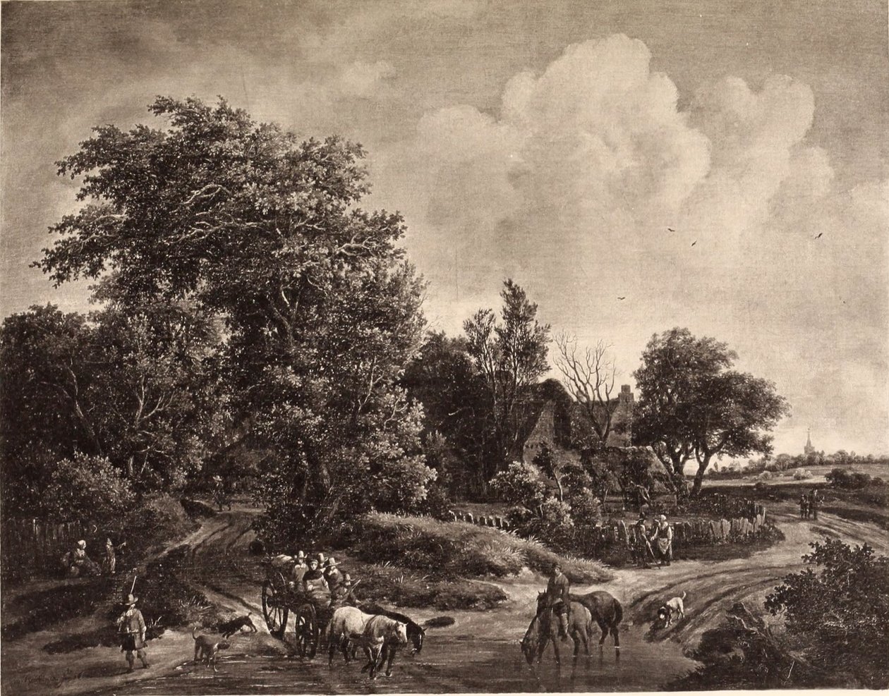 Gård i utkanten av en skog, med vagn och hästar av Meindert Hobbema
