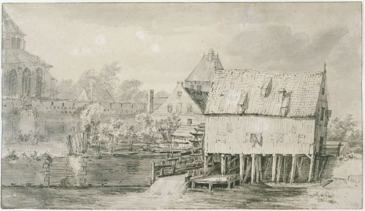 Den så kallade Bergkerk och vattenkvarnen i Deventer (Lugt 43) av Meindert Hobbema