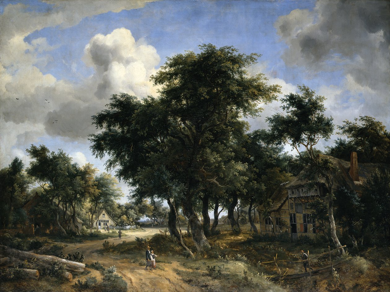 Village Gata under träd av Meindert Hobbema
