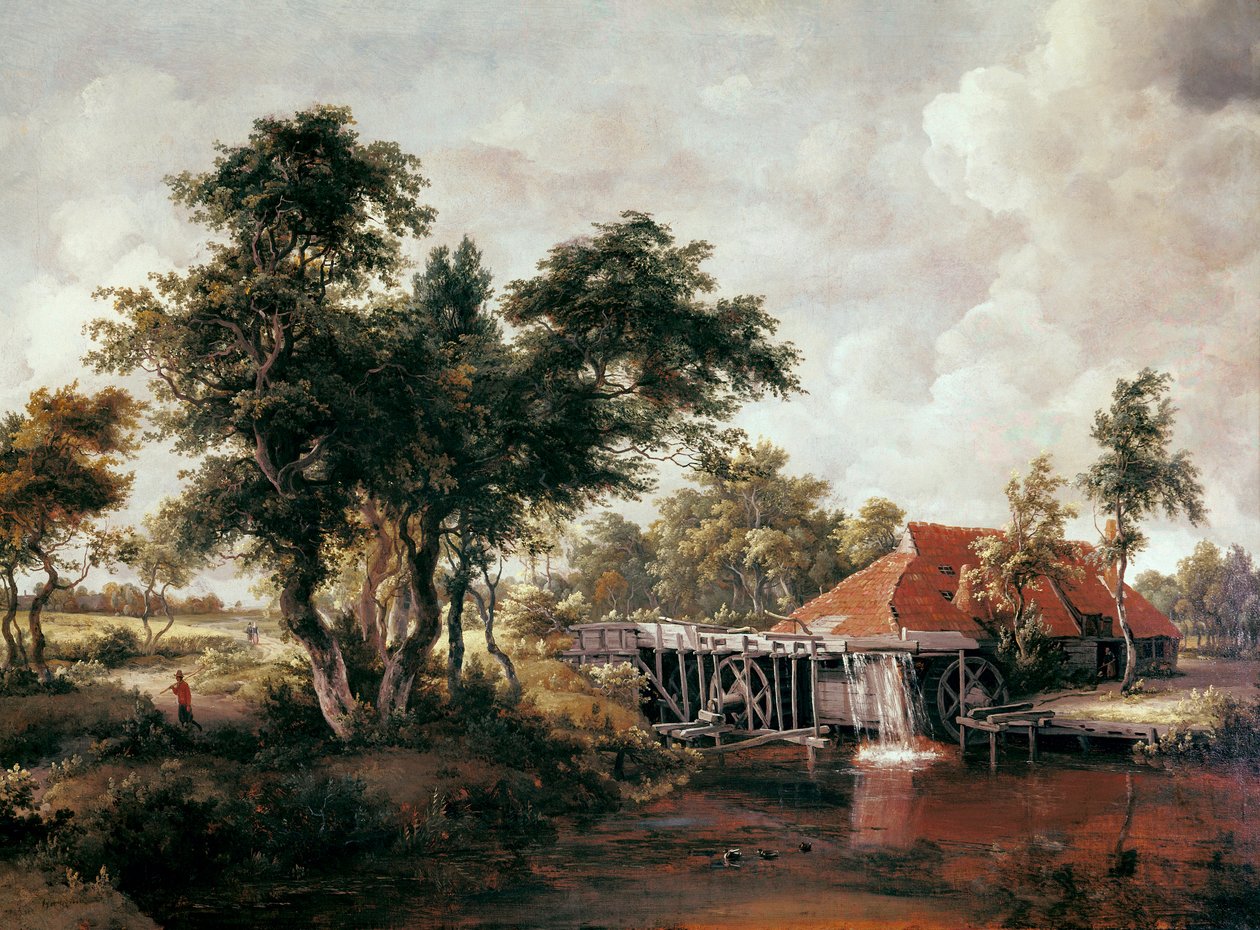 Vattenkvarn med stort rött tak. Målning av Meindert HOBBEMA av Meindert Hobbema